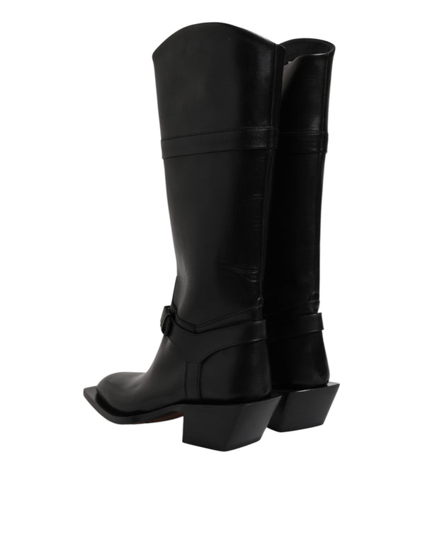 Schwarz Leder Hohe Stiefel Flache Schuhe