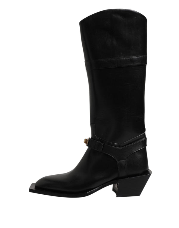 Schwarz Leder Hohe Stiefel Flache Schuhe
