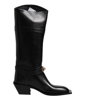 Schwarz Leder Hohe Stiefel Flache Schuhe
