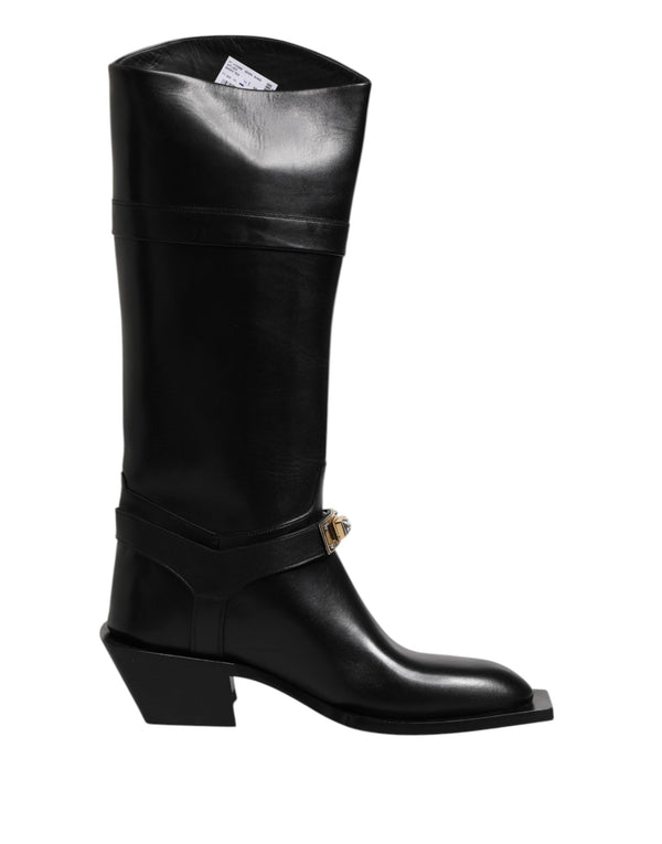 Schwarz Leder Hohe Stiefel Flache Schuhe