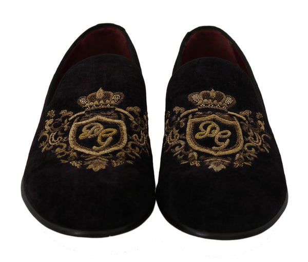 Loafers Schwarzer Samt Goldkrone