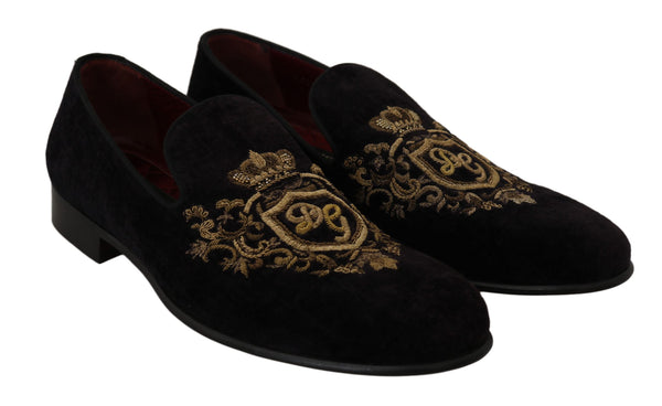 Loafers Schwarzer Samt Goldkrone