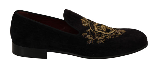 Loafers Schwarzer Samt Goldkrone