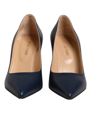 Blaue Leder spitze Zehe Block Absätze Schuhe