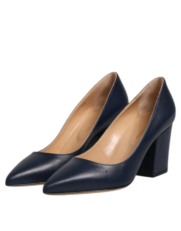Blaue Leder spitze Zehe Block Absätze Schuhe