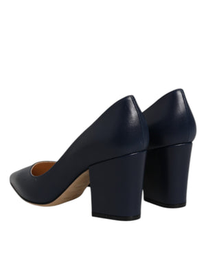 Blaue Leder spitze Zehe Block Absätze Schuhe