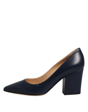 Blaue Leder spitze Zehe Block Absätze Schuhe