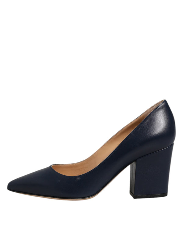 Blaue Leder spitze Zehe Block Absätze Schuhe