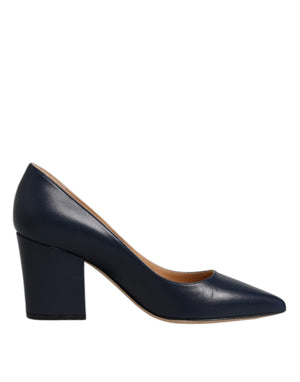 Blaue Leder spitze Zehe Block Absätze Schuhe