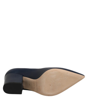 Blaue Leder spitze Zehe Block Absätze Schuhe