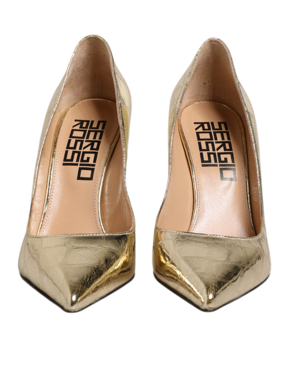 Gold Leder spitze Zehe Block Absätze Schuhe
