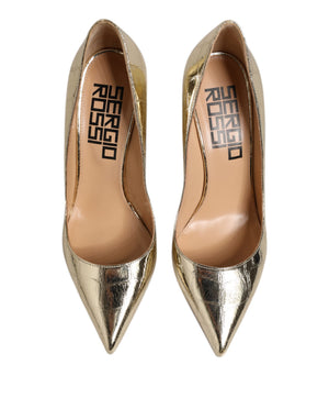 Gold Leder spitze Zehe Block Absätze Schuhe