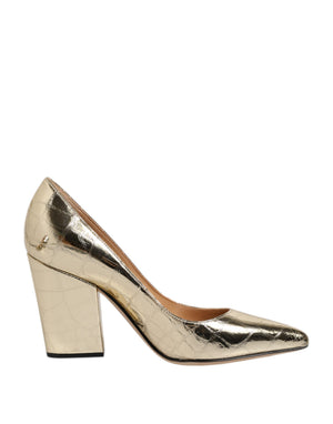 Gold Leder spitze Zehe Block Absätze Schuhe
