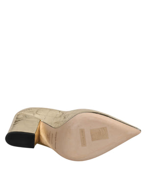 Gold Leder spitze Zehe Block Absätze Schuhe