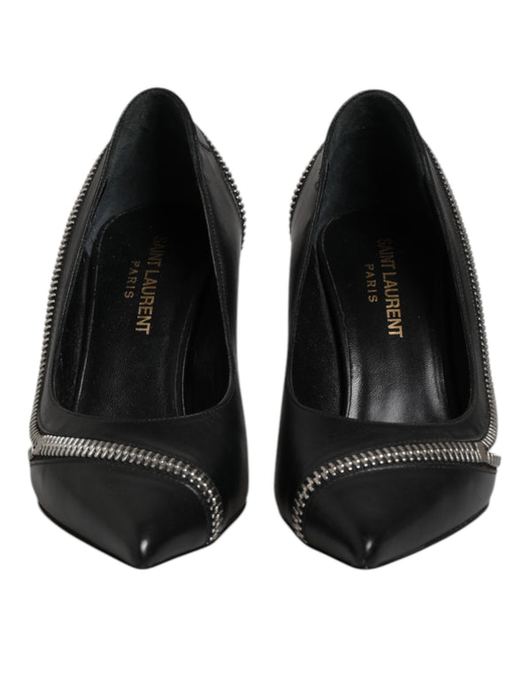 Weißes Schwarzes Leder Spitz zulaufende Absätze Schuhe
