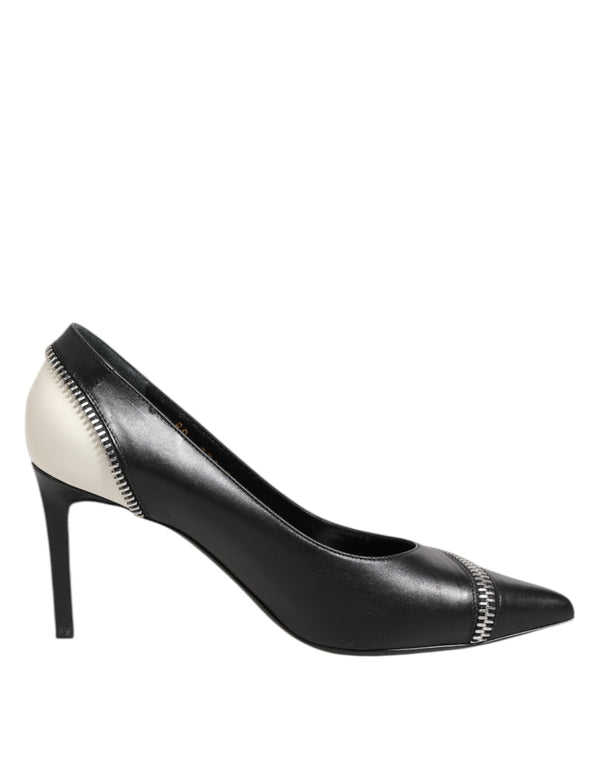 Weißes Schwarzes Leder Spitz zulaufende Absätze Schuhe
