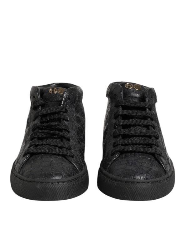 Schwarze Leder Schnürsenkel Mid Top Sneakers Schuhe