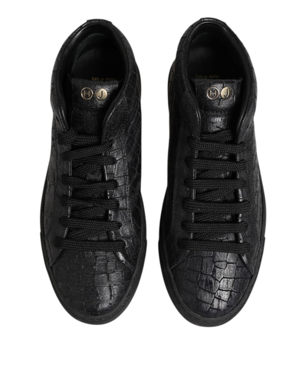 Schwarze Leder Schnürsenkel Mid Top Sneakers Schuhe