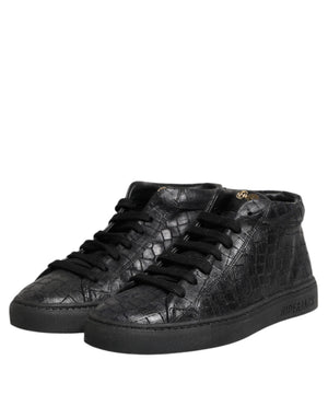 Schwarze Leder Schnürsenkel Mid Top Sneakers Schuhe