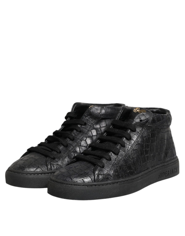 Schwarze Leder Schnürsenkel Mid Top Sneakers Schuhe