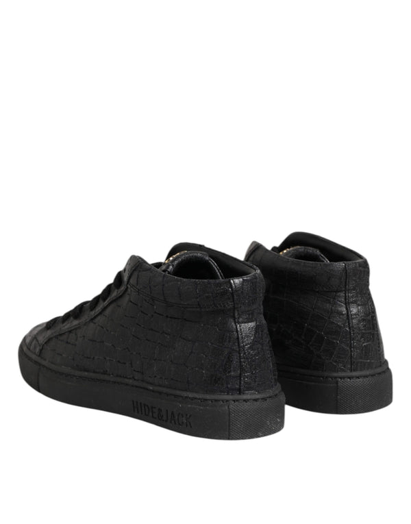 Schwarze Leder Schnürsenkel Mid Top Sneakers Schuhe
