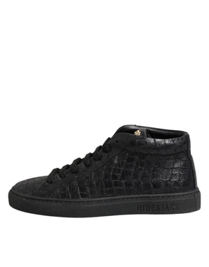 Schwarze Leder Schnürsenkel Mid Top Sneakers Schuhe