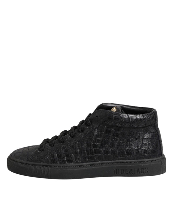 Schwarze Leder Schnürsenkel Mid Top Sneakers Schuhe