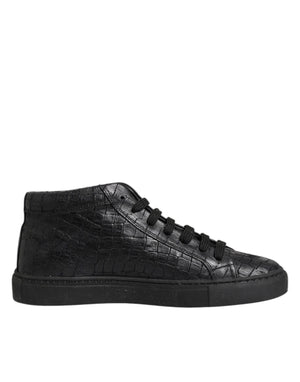 Schwarze Leder Schnürsenkel Mid Top Sneakers Schuhe