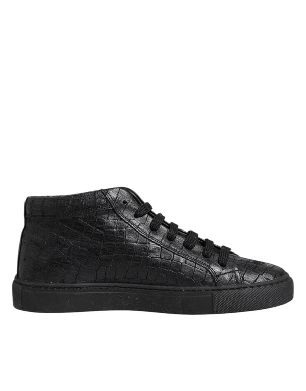 Schwarze Leder Schnürsenkel Mid Top Sneakers Schuhe