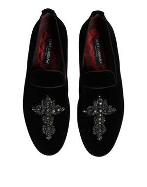 Schwarzer Samt verschönert Loafer Slip On Schuhe