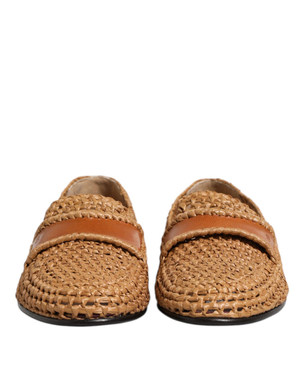 Braune gewebte Raffia Slip On Loafers Schuhe
