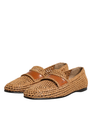 Braune gewebte Raffia Slip On Loafers Schuhe