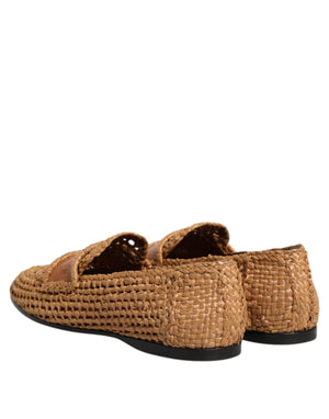 Braune gewebte Raffia Slip On Loafers Schuhe