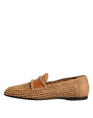 Braune gewebte Raffia Slip On Loafers Schuhe