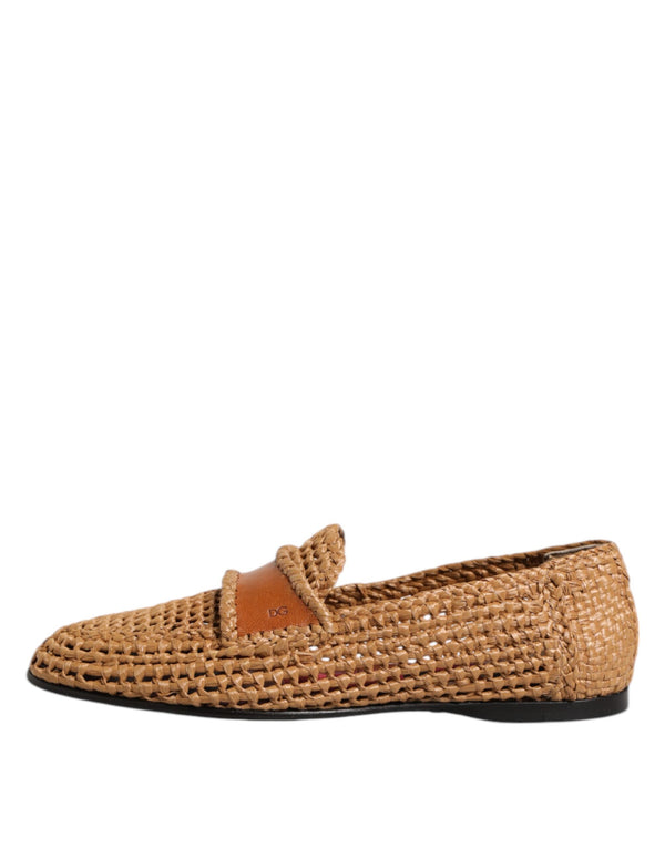 Braune gewebte Raffia Slip On Loafers Schuhe