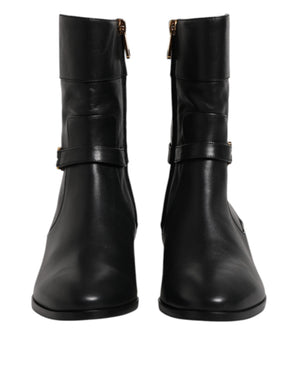 Schwarzes Leder Flats Logo Kurze Stiefel Schuhe