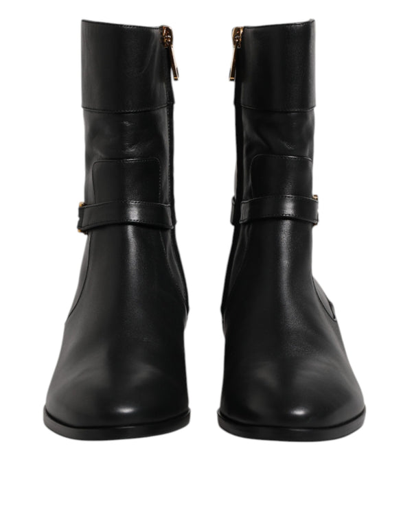 Schwarzes Leder Flats Logo Kurze Stiefel Schuhe