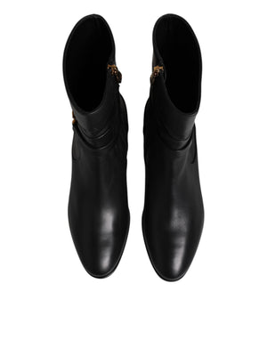 Schwarzes Leder Flats Logo Kurze Stiefel Schuhe