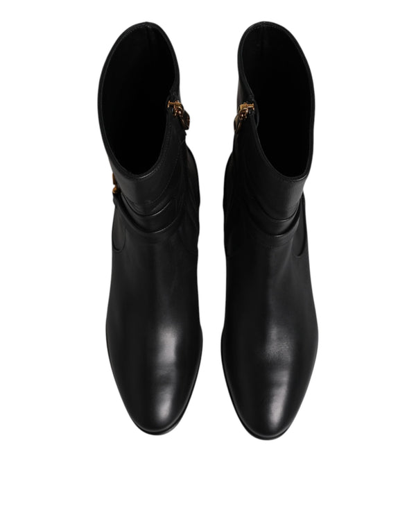 Schwarzes Leder Flats Logo Kurze Stiefel Schuhe