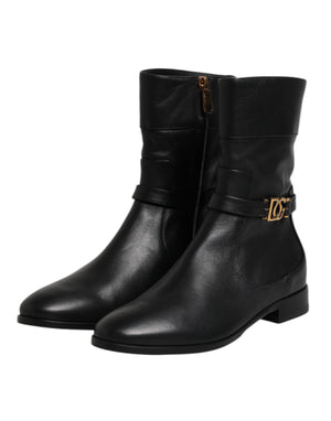 Schwarzes Leder Flats Logo Kurze Stiefel Schuhe