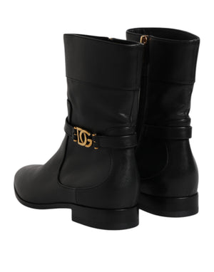 Schwarzes Leder Flats Logo Kurze Stiefel Schuhe