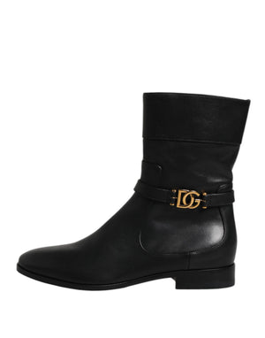 Schwarzes Leder Flats Logo Kurze Stiefel Schuhe