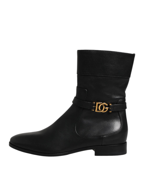 Schwarzes Leder Flats Logo Kurze Stiefel Schuhe