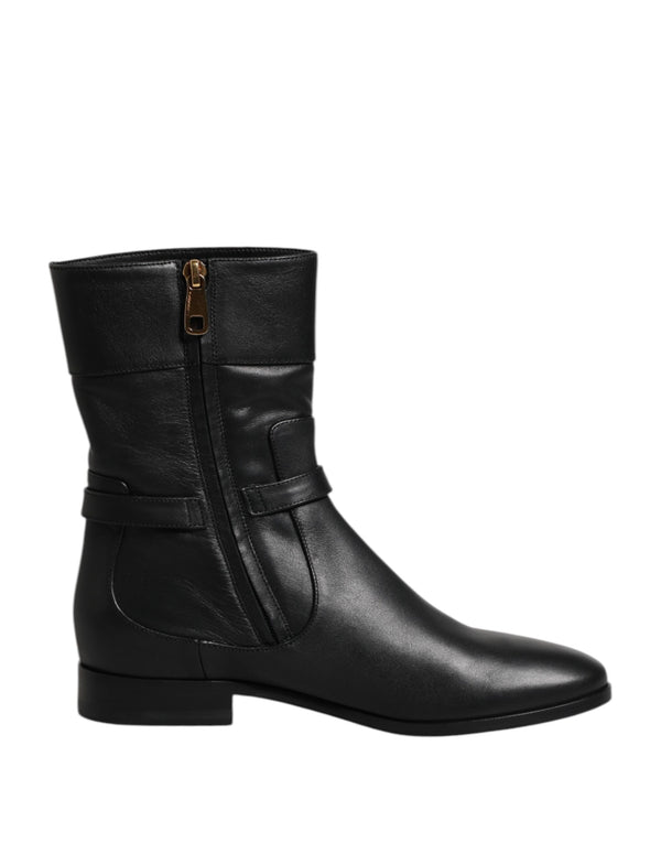 Schwarzes Leder Flats Logo Kurze Stiefel Schuhe