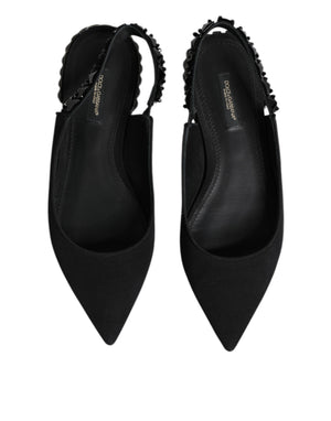 Schwarzer Kristall Charmeuse Slingback Schuhe