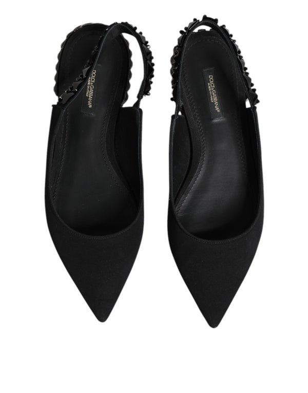 Schwarzer Kristall Charmeuse Slingback Schuhe