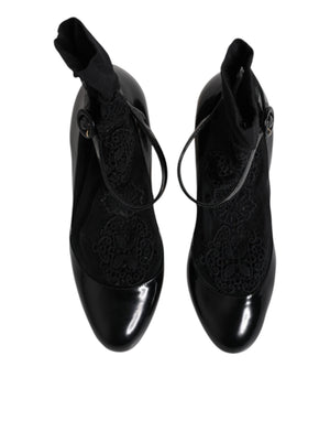 Schwarz Leder Spitze Socken Heels Pumps Schuhe