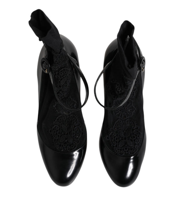 Schwarz Leder Spitze Socken Heels Pumps Schuhe