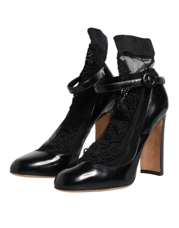 Schwarz Leder Spitze Socken Heels Pumps Schuhe