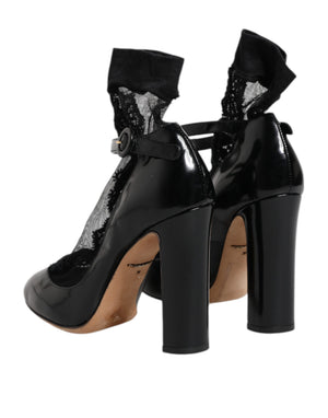 Schwarz Leder Spitze Socken Heels Pumps Schuhe